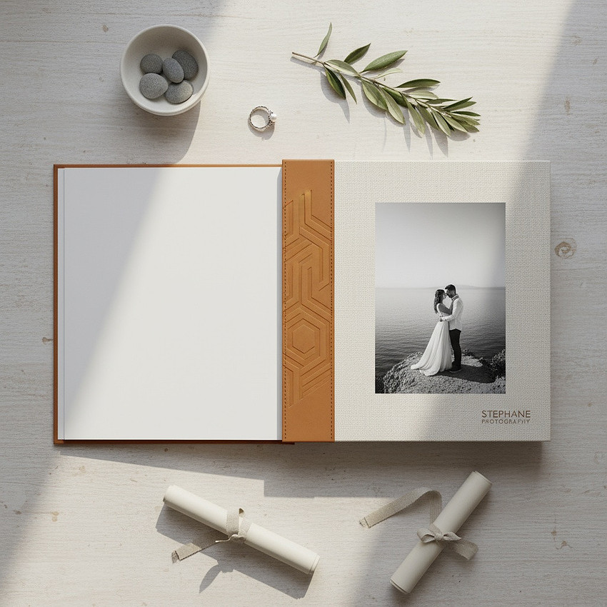 Minimal luxury γαμήλιο άλμπουμ σε ελληνικό νησί, flatlay με premium εξώφυλλο, φυσικό φως, Stephane Photography branding.