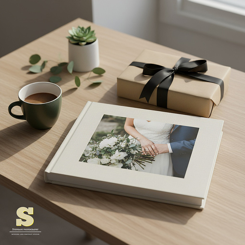 Minimal luxury wedding album with premium materials by Stephane Photography in Greece