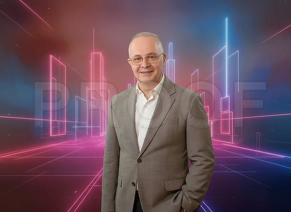 Corporate portrait standing pose neon background