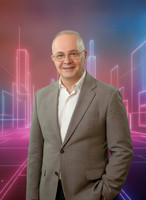 Corporate portrait full body neon background copy